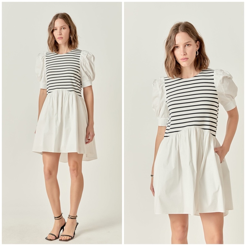 English Factory ~ PUFF SLEEVE HIGH LOW KNIT COMBO DRESS